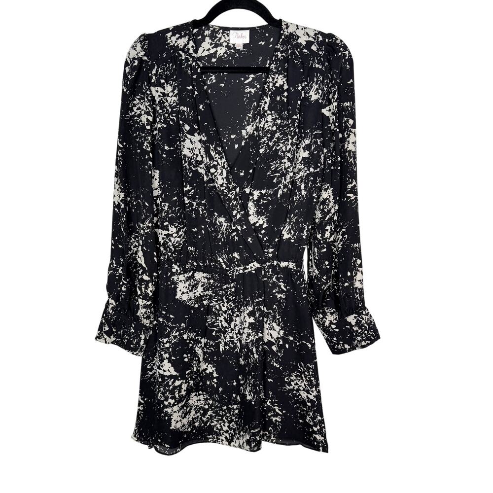 Parker XSmall XS Black White Splatter Print Silk Long Sleeve Surplice Mini Dress
